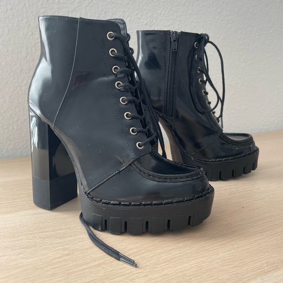 Zara Trafaluc Black Patent High heel Combat Boots - Picture 4 of 9